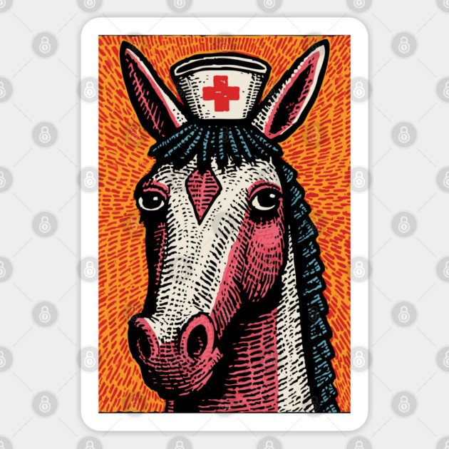 Vintage Style Horse Nurse - Pop Art Linocut Sticker by TuncGK