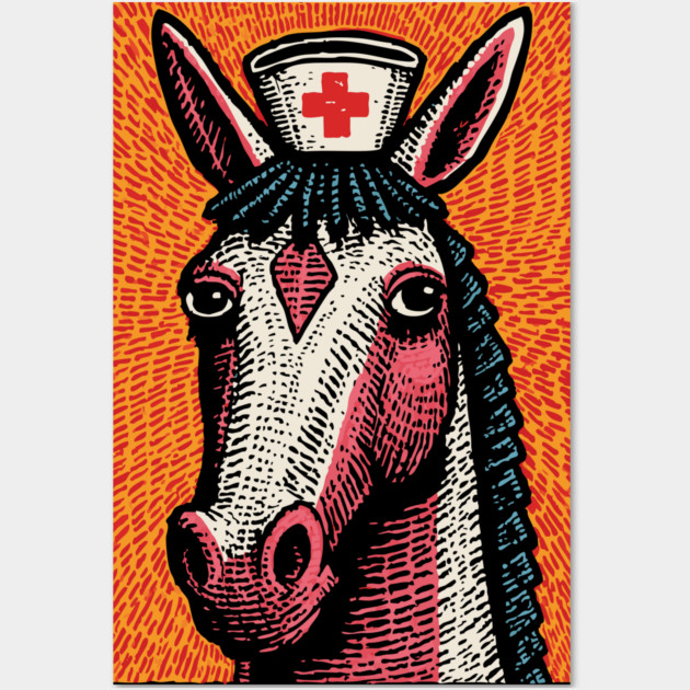 Vintage Style Horse Nurse - Pop Art Linocut Wall Art by TuncGK