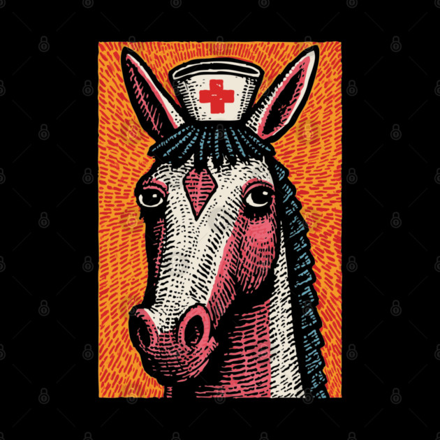 Vintage Style Horse Nurse - Pop Art Linocut by TuncGK