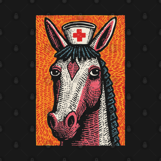 Vintage Style Horse Nurse - Pop Art Linocut by TuncGK