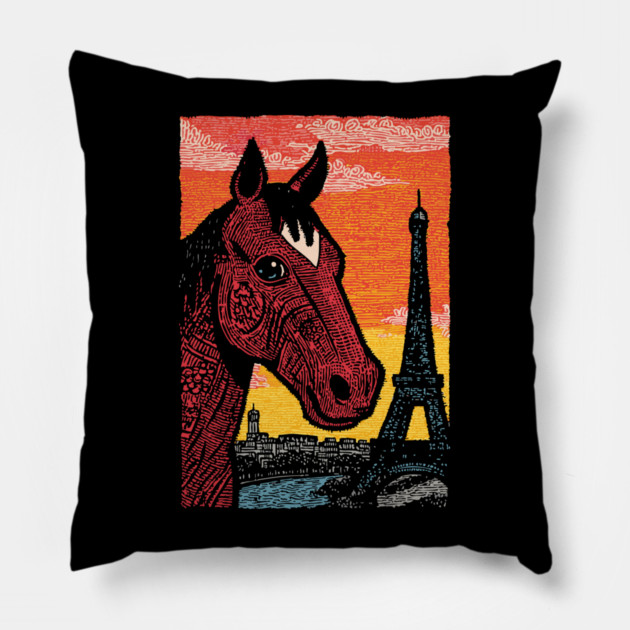 Paris Horse - Eiffel Tower Vintage Art Pillow by TuncGK