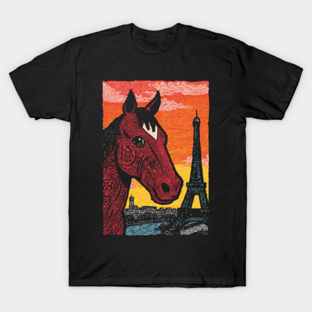 Paris Horse - Eiffel Tower Vintage Art T-Shirt by TuncGK