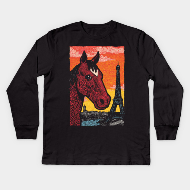 Paris Horse - Eiffel Tower Vintage Art Kids Long Sleeve T-Shirt by TuncGK