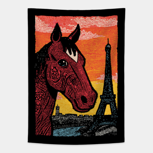Paris Horse - Eiffel Tower Vintage Art Tapestry by TuncGK