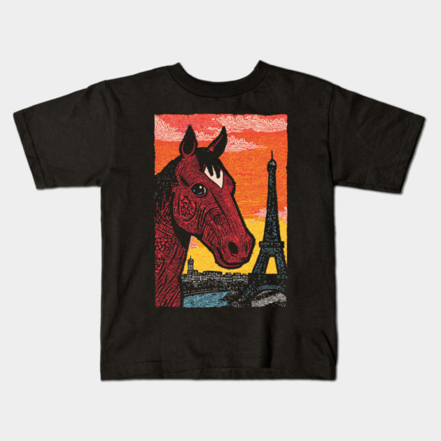 Paris Horse - Eiffel Tower Vintage Art Kids T-Shirt by TuncGK