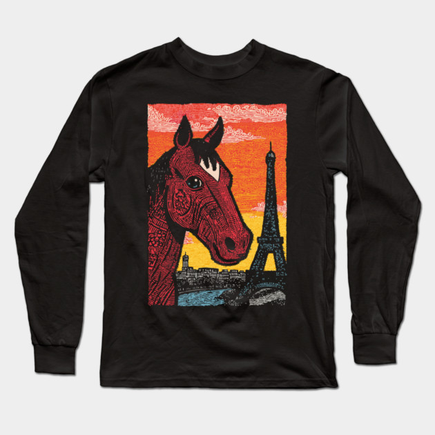 Paris Horse - Eiffel Tower Vintage Art Long Sleeve T-Shirt by TuncGK