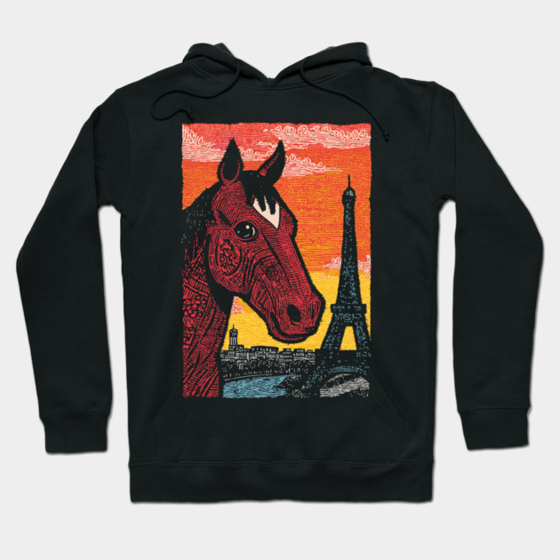 Paris Horse - Eiffel Tower Vintage Art Hoodie by TuncGK