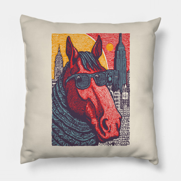 New York City Horse - Woodcut Souvenir Pillow by TuncGK