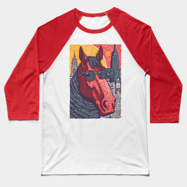 New York City Horse - Woodcut Souvenir Baseball T-Shirt by TuncGK