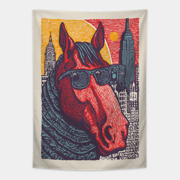 New York City Horse - Woodcut Souvenir Tapestry by TuncGK