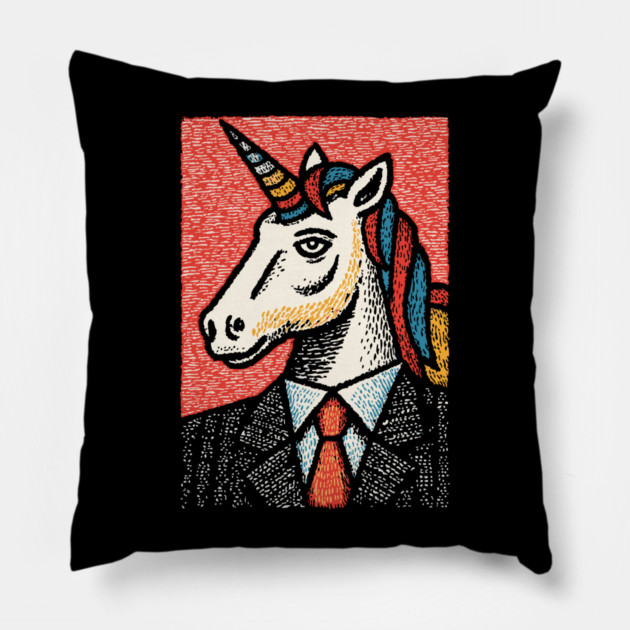 Professional Unicorn Gentleman - Pop Art Linocut Pillow by TuncGK