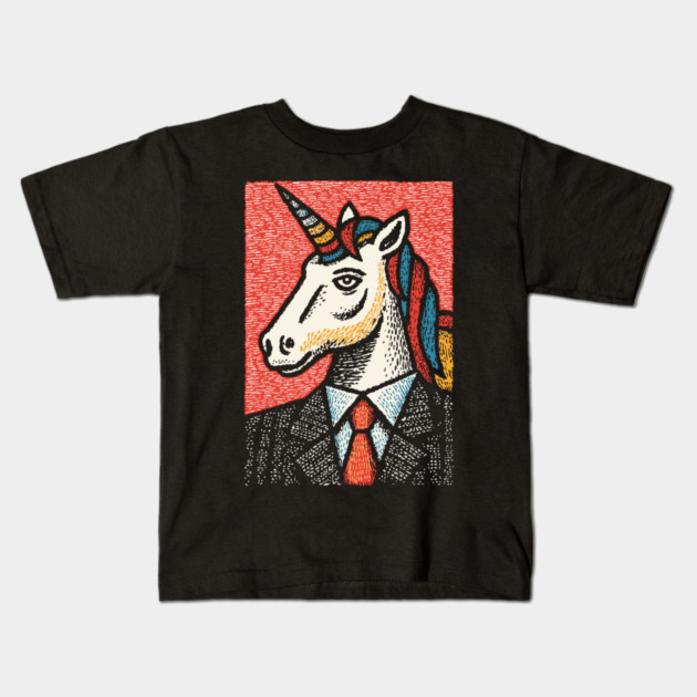Professional Unicorn Gentleman - Pop Art Linocut Kids T-Shirt by TuncGK