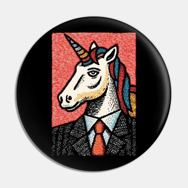 Professional Unicorn Gentleman - Pop Art Linocut Pin by TuncGK