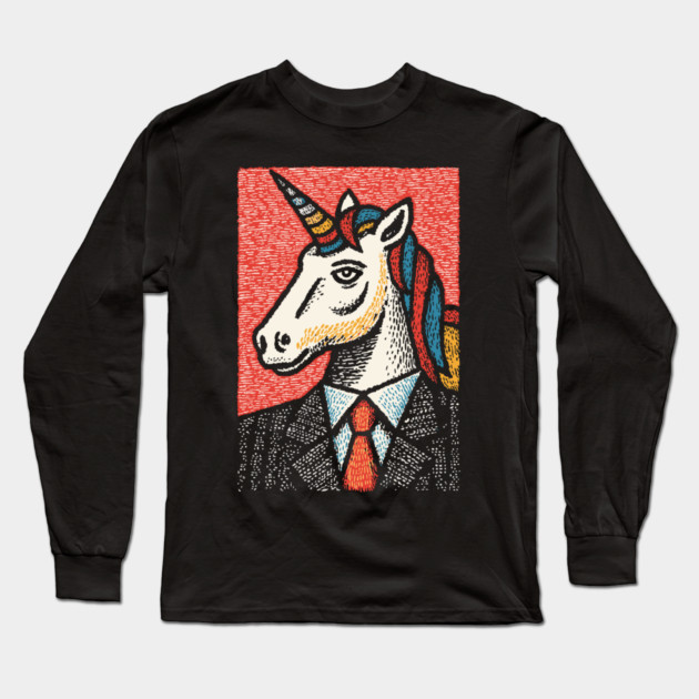 Professional Unicorn Gentleman - Pop Art Linocut Long Sleeve T-Shirt by TuncGK