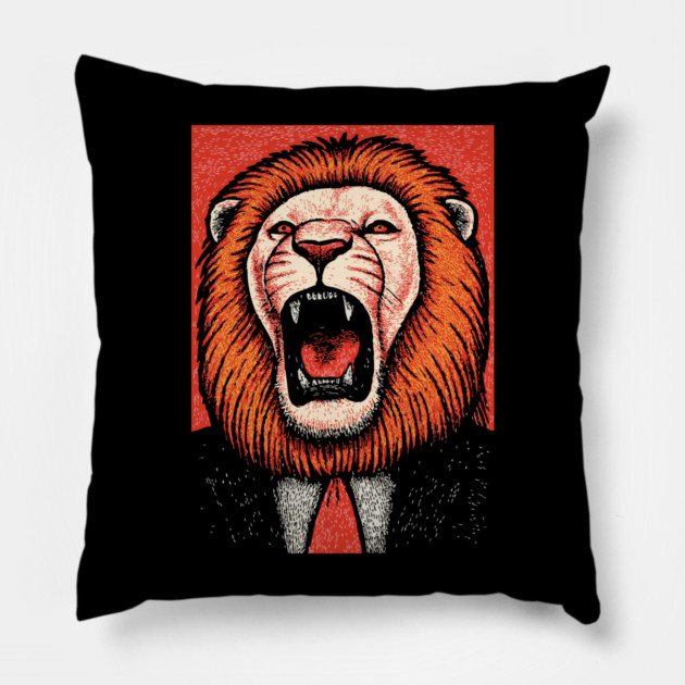 Fierce Lion Boss in Suit - Pop Art Linocut Pillow by TuncGK