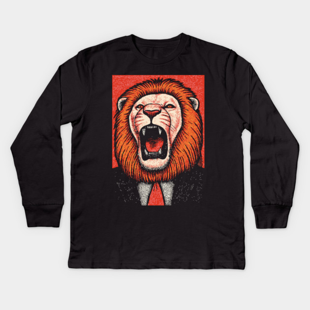 Fierce Lion Boss in Suit - Pop Art Linocut Kids Long Sleeve T-Shirt by TuncGK