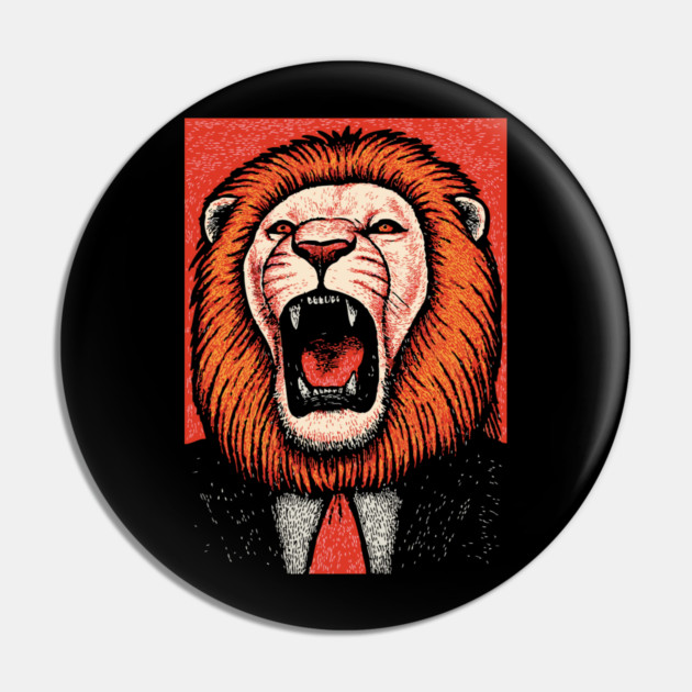 Fierce Lion Boss in Suit - Pop Art Linocut Pin by TuncGK