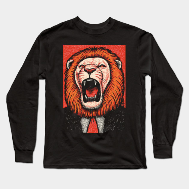 Fierce Lion Boss in Suit - Pop Art Linocut Long Sleeve T-Shirt by TuncGK