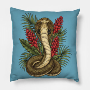 King Cobra Snake Rising Among Red Flowers Pillow