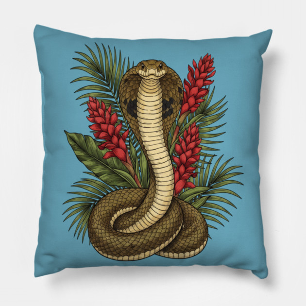 King Cobra Snake Rising Among Red Flowers Pillow by BirdsnStuff