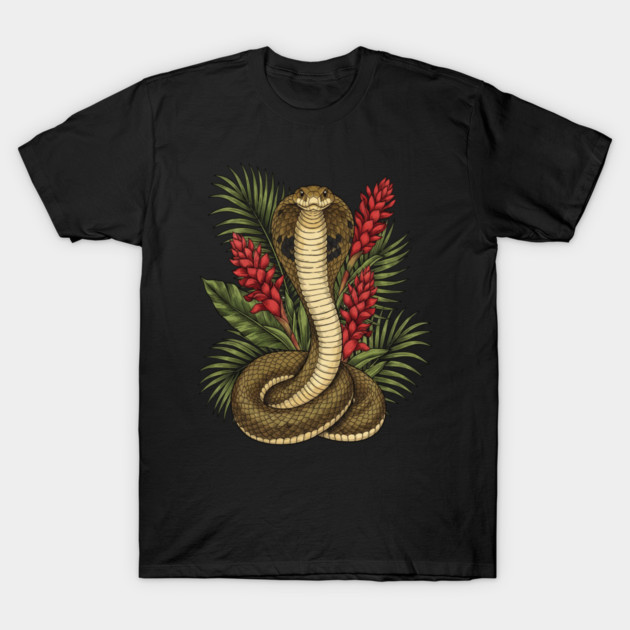 King Cobra Snake Rising Among Red Flowers T-Shirt by BirdsnStuff