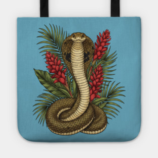 King Cobra Snake Rising Among Red Flowers Tote