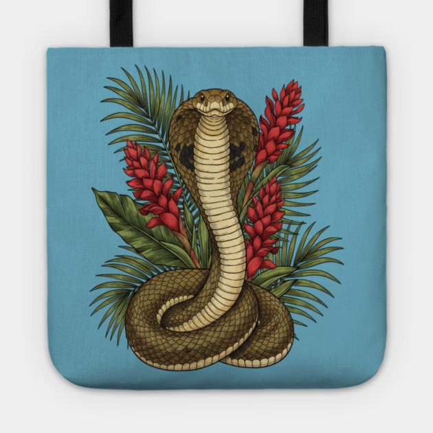 King Cobra Snake Rising Among Red Flowers Tote by BirdsnStuff