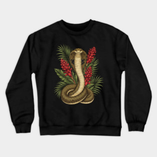 King Cobra Snake Rising Among Red Flowers Crewneck Sweatshirt