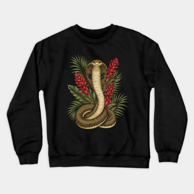King Cobra Snake Rising Among Red Flowers Crewneck Sweatshirt by BirdsnStuff