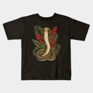 King Cobra Snake Rising Among Red Flowers Kids T-Shirt
