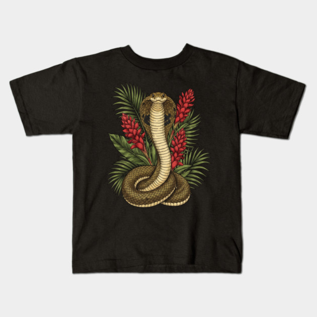 King Cobra Snake Rising Among Red Flowers Kids T-Shirt by BirdsnStuff