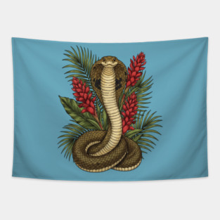 King Cobra Snake Rising Among Red Flowers Tapestry