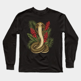 King Cobra Snake Rising Among Red Flowers Long Sleeve T-Shirt