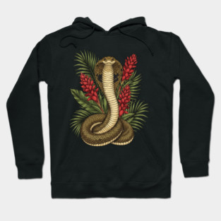 King Cobra Snake Rising Among Red Flowers Hoodie