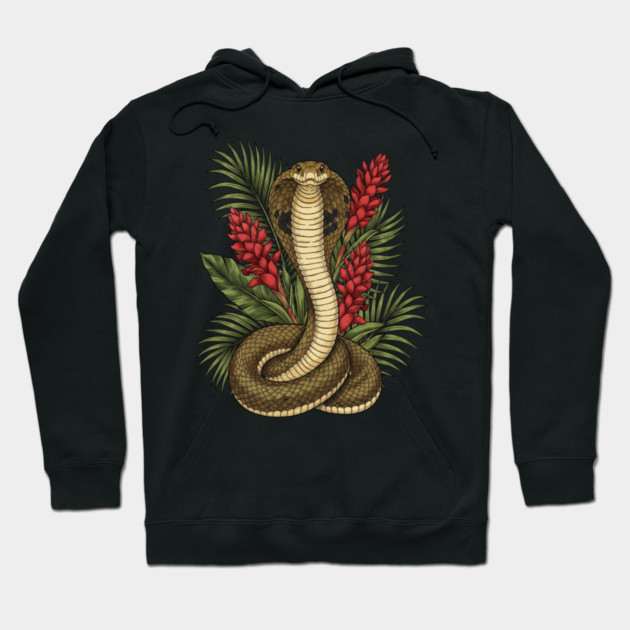 King Cobra Snake Rising Among Red Flowers Hoodie by BirdsnStuff