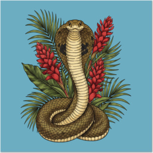 King Cobra Snake Rising Among Red Flowers Posters and Art