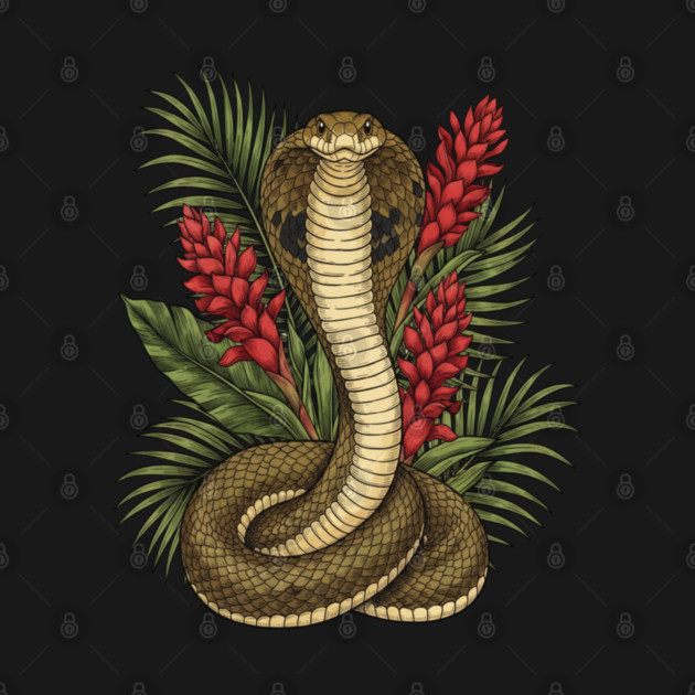 King Cobra Snake Rising Among Red Flowers by BirdsnStuff