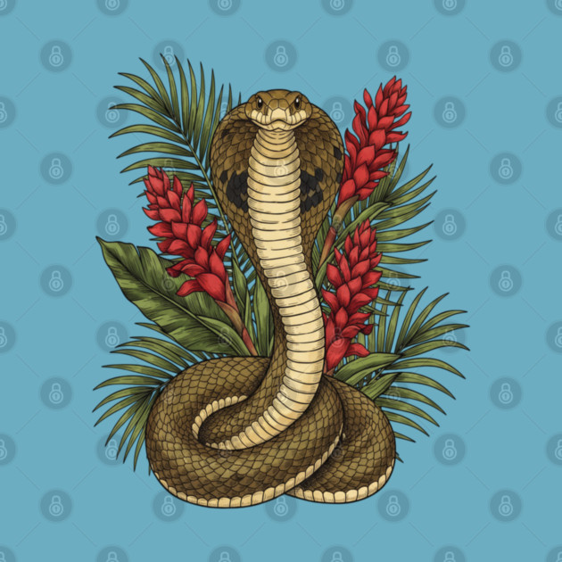 King Cobra Snake Rising Among Red Flowers by BirdsnStuff