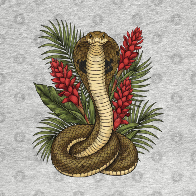 King Cobra Snake Rising Among Red Flowers by BirdsnStuff