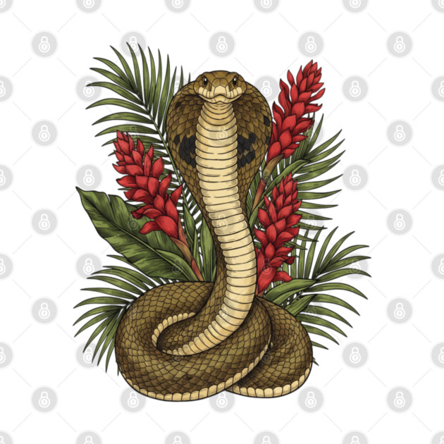 King Cobra Snake Rising Among Red Flowers by BirdsnStuff