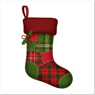 Christmas plaid patchwork pattern of a stocking Posters and Art