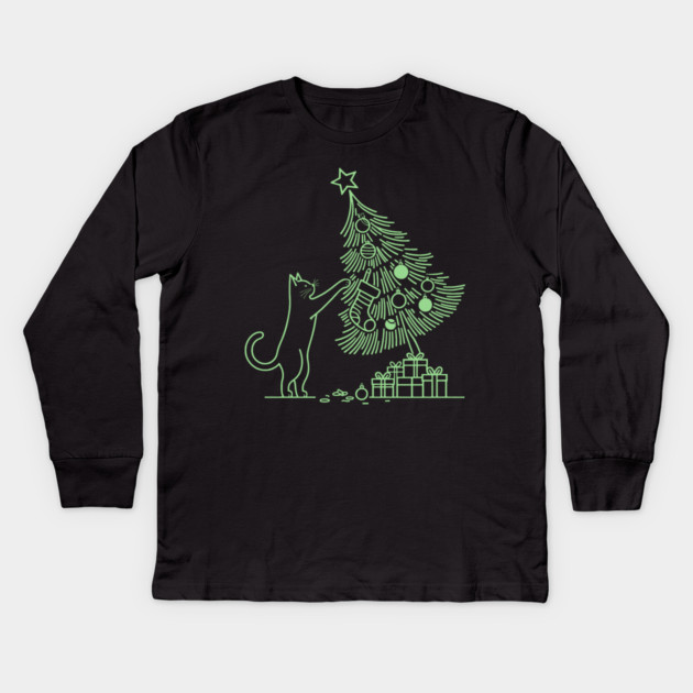 Cat And the Christmas Tree Kids Long Sleeve T-Shirt by CreativeSage