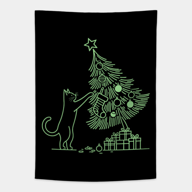 Cat And the Christmas Tree Tapestry by CreativeSage