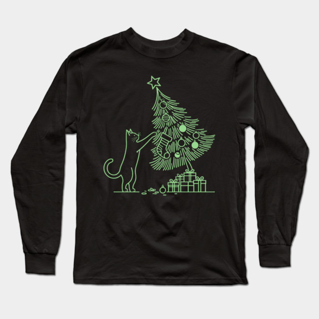 Cat And the Christmas Tree Long Sleeve T-Shirt by CreativeSage