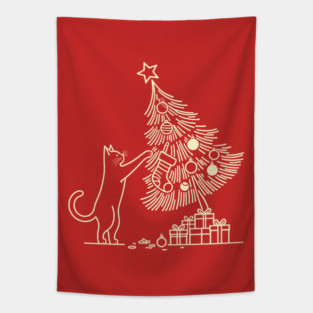 Cat And the Christmas Tree Tapestry