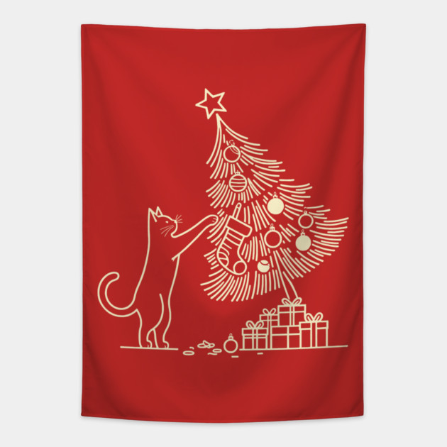 Cat And the Christmas Tree Tapestry by CreativeSage