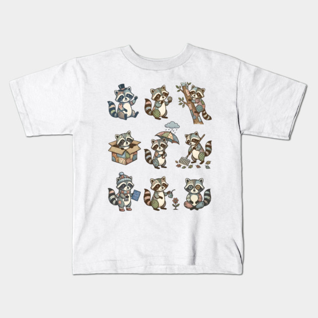 Cute Quirky Patchwork Steampunk Raccoons Funny Poses Kids T-Shirt by Luxinda
