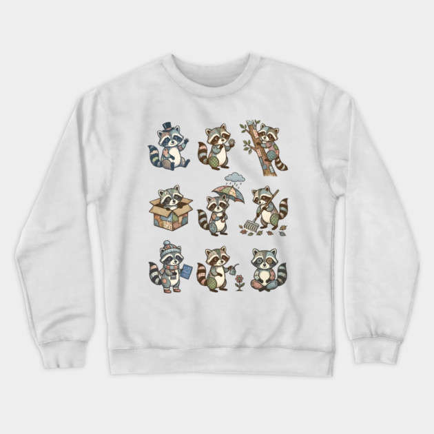 Cute Quirky Patchwork Steampunk Raccoons Funny Poses Crewneck Sweatshirt by Luxinda