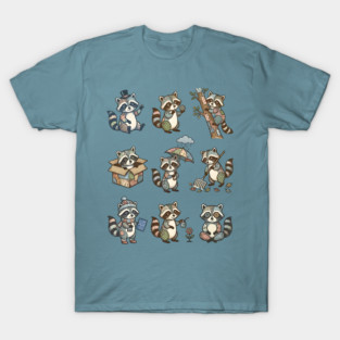 Cute Quirky Patchwork Steampunk Raccoons Funny Poses T-Shirt