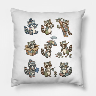 Cute Quirky Patchwork Steampunk Raccoons Funny Poses Pillow